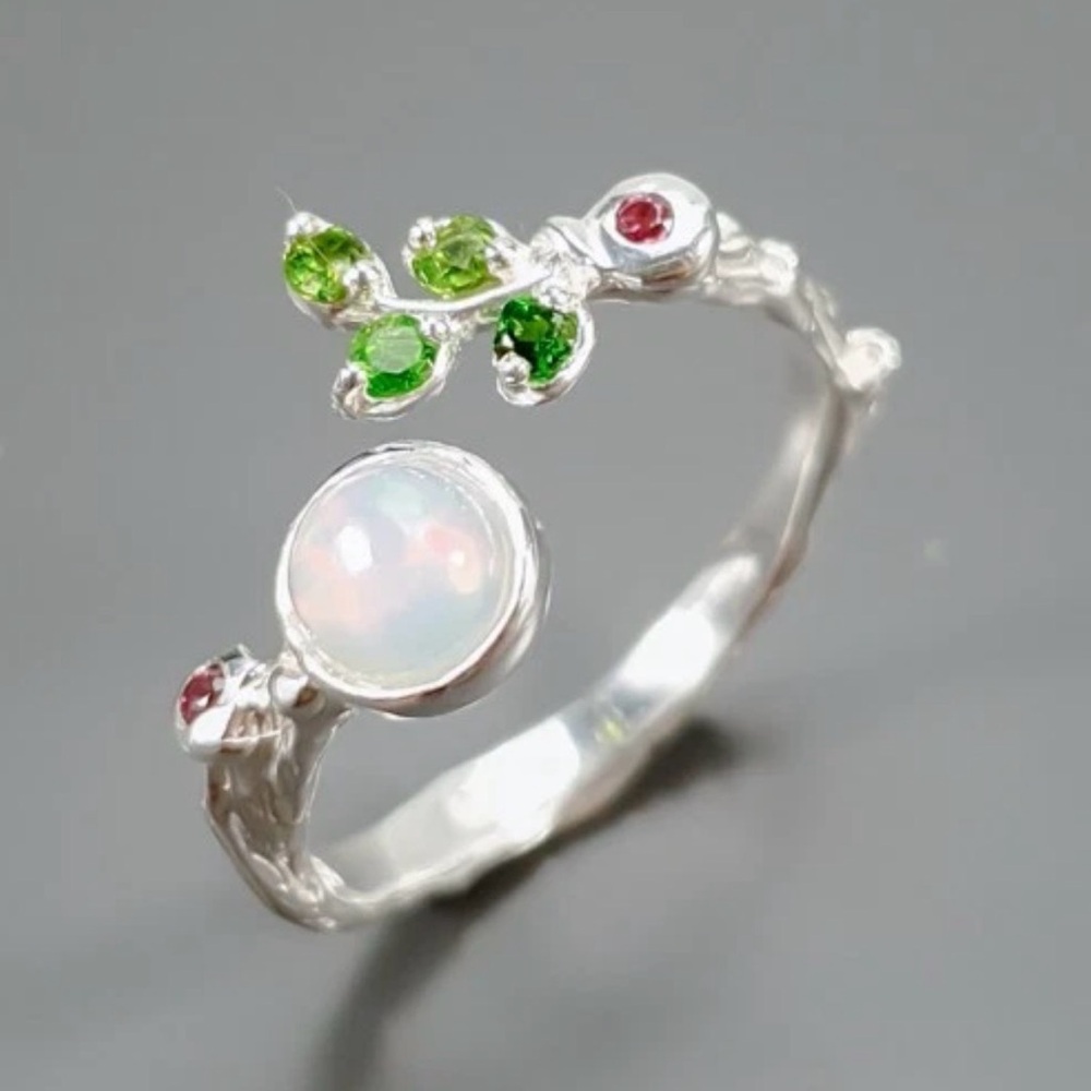 925 Sterling Silver White Opal, Chrome Diopside and Garnet Bypass Ring size 7.5